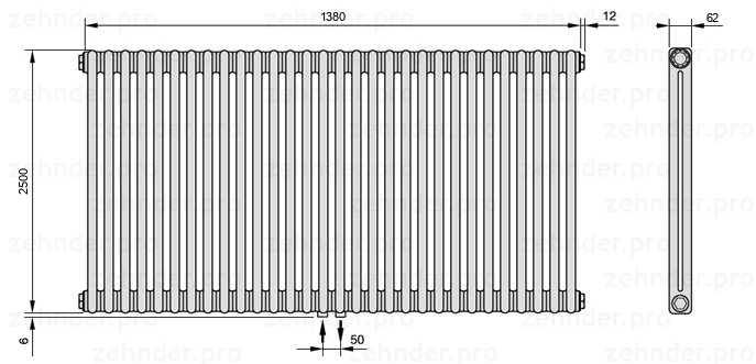 Схема (чертеж) Радиатор Zehnder Charleston 2250/30 №3470 Белый глянцевый RAL 9016